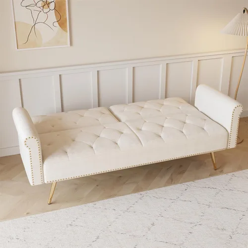 Miniatura 9 de Sofá cama tapizado de terciopelo, sofá cama convertible con dos almohadas para sala de estar, dormitorio, oficina en casa (beige)