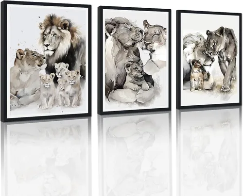 Miniatura 50 de 3 piezas modernas de lienzo de león de animales salvajes, pinturas de retratos de familia de leones, decoración de pared, obras de arte de sala