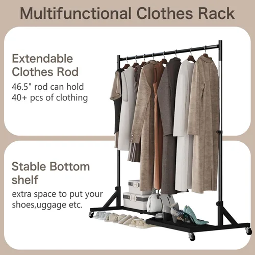Miniatura 4 de Perchero con ruedas, perchero ajustable resistente con estante inferior, perchero de metal duradero, altura ajustable, con ruedas bloqueables