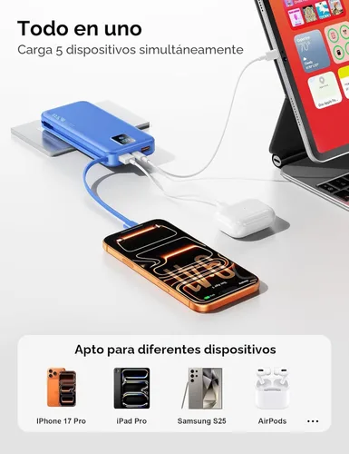 Miniatura 7 de Cargador portátil, cargador de batería de carga rápida de 12000 mAh 22.5 W con cables integrados y enchufe de pared, paquete de baterías esenciales