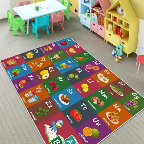 ABC - Alfombra educativa del alfabeto, alfombra de juegos divertidos para niños, sala de juegos, aula, antideslizante, lavable (comida, 31 x 47