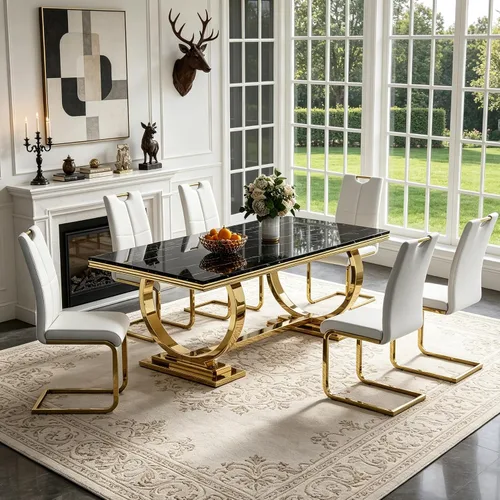 Miniatura 41 de 5 Piece Black Marble Dining Table Set for 4, Modern Faux Marble Kitchen Dining Room Tables with 4 Leather Chairs Set, 68.11" Luxury Rectangular