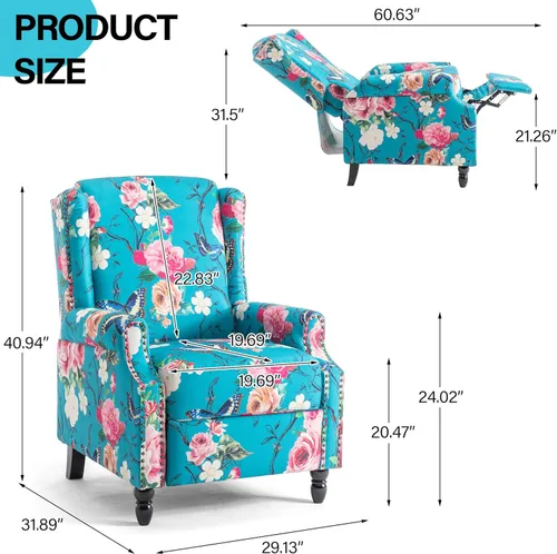 Miniatura 2 de Silla reclinable tapizada, sillón de ala floral con respaldo y reposapiés ajustables, cómoda silla decorativa para leer, sofá individual