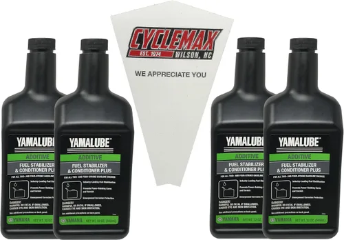 Cyclemax Paquete de cuatro para estabilizador y acondicionador de combustible Yamaha Plus ACC-FSTAB-PL-32 contiene cuatro cuartos y un embudo