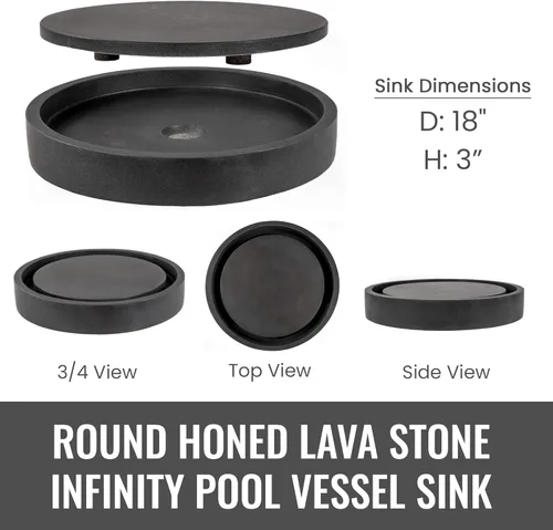 Miniatura 2 de Eden Bath EB_S042LS-H - Fregadero redondo de piedra infinita para piscina, piedra de lava afilada Negro
