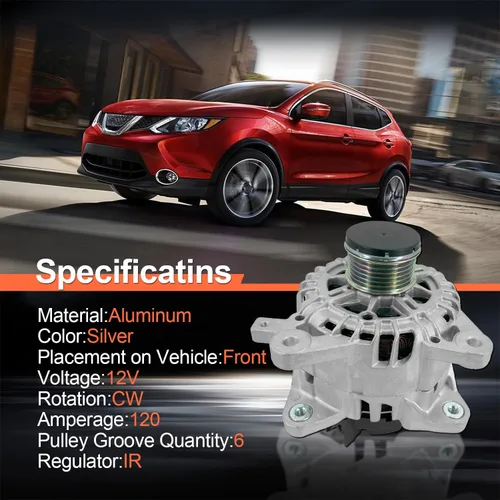 Miniatura 4 de Alternador de 12V 120A 23100-4BA0A compatible con Nissan Rogue L4 2.5L para Nissan XTrail 2.5L L4 2014-2018 6 ranuras CW ventilador interno