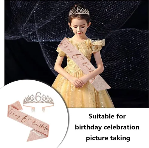 Miniatura 8 de Juego de banda y tiara de 6º cumpleaños, corona de banda de cumpleaños de oro rosa, suministros para fiesta de cumpleaños