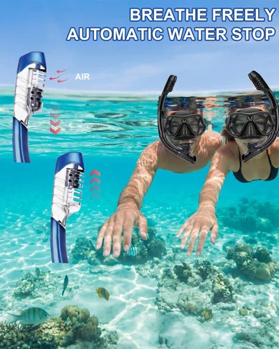 Miniatura 5 de Equipo de esnórquel para adultos, jóvenes y niños, juego de máscara de esnórquel con parte superior seca, juego de máscara de buceo antivaho