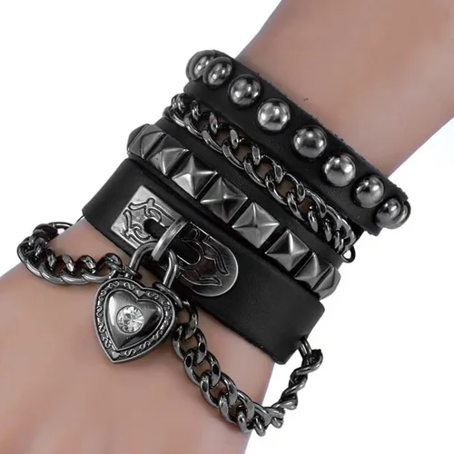 Miniatura 2 de Rivet Bracelet Multilayer Black Leather Cuff Heart Pendant Bangle Studded Chain Wrist Punk Sports Rock Bracelet Adjustable
