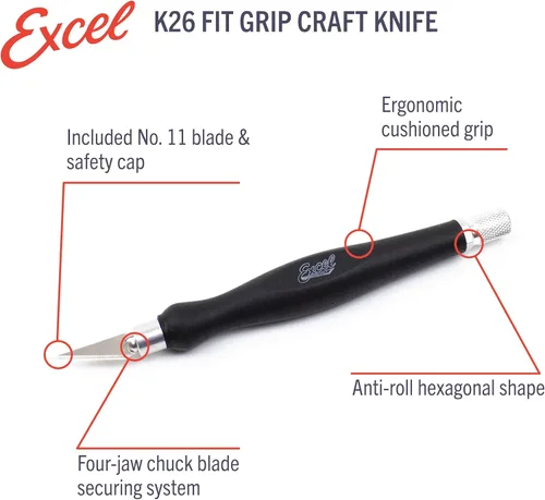 Miniatura 3 de Excel Blades Fit Grip - Cuchillo de manualidades con hoja en ángulo de acero al carbono ultra afilada #11 - Cuchillo de precisión con agarre de goma