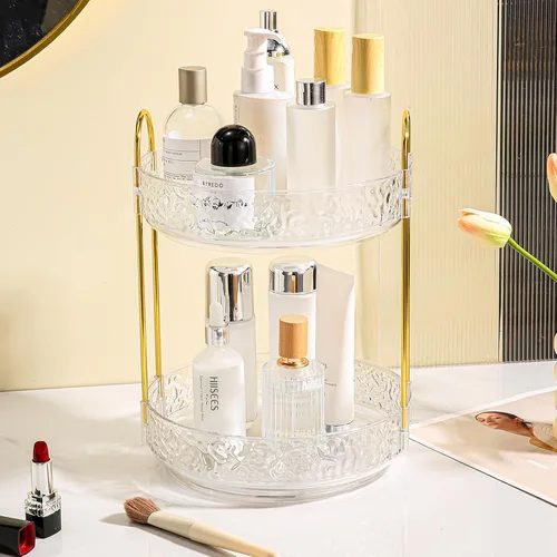 Miniatura 4 de Fangoo Organizador de maquillaje giratorio transparente de 2 niveles para tocador, organizador de cuidado de la piel giratorio de 360 grados