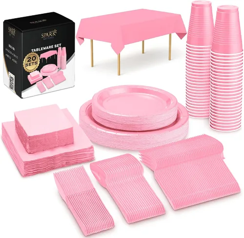 Miniatura 9 de Juego de suministros negros para fiestas, platos de papel, vasos de plástico, tenedores, cuchillos, cucharas, servilletas, mantel para 20 invitados