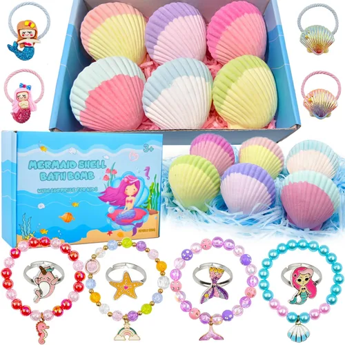 Bombas de baño de sirena para niños y niñas con sorpresa en el interior, 6 piezas naturales de princesa efervescente divertido kit de bomba de baño