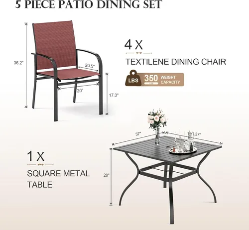 Miniatura 6 de HERA'S HOUSE Juego de comedor rojo para 4, juego de mesa y sillas de exterior de 5 piezas, 4 sillas de comedor de textileno, mesa de comedor Sillas