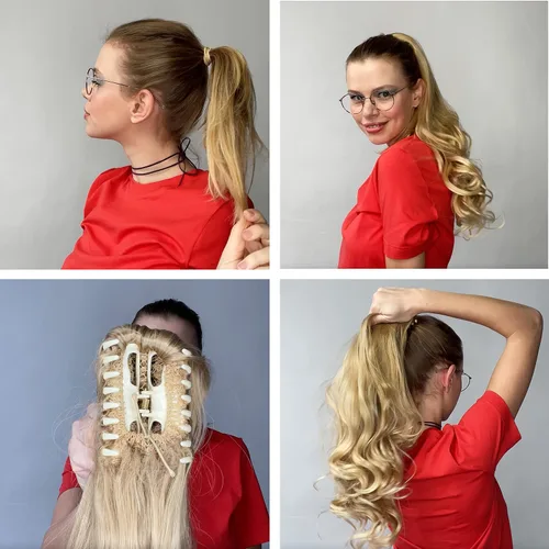 Miniatura 6 de Prettyshop - Extensión de cola de caballo de 24 pulgadas con clip, larga, voluminosa, ondulada, resistente al calor, color negro H63