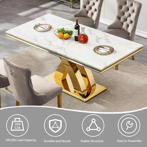 Miniatura 6 de Juego de mesa de comedor moderna de mármol sintético de oro blanco de 68 pulgadas para 6, juego de mesa rectangular de 7 piezas con patas de acero