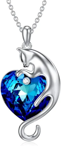 AOBOCO Cat Necklace for Women 925 Sterling Silver Cat Pendant Necklace Embellished with Crystals from Austria, Mother's Day Cat Jewelry Gifts for
