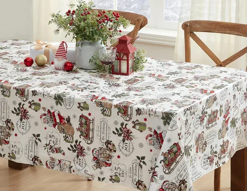 Miniatura 8 de Newbridge Mantel cuadrado de vinilo vintage de Navidad de 52 x 52 pulgadas con reverso de franela, estampado retro de Papá Noel, muñeco de nieve