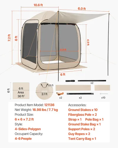 Miniatura 7 de VEVOR Tienda de campaña emergente con pantalla, 6 x 6 pies, carpa con pantalla de 6 lados para 4-6 personas con toldo extendido, toldo con pantalla