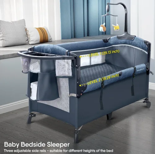 Miniatura 4 de BabyBond Cuna para bebé, cuna de noche, paquete y juego con sábana, cambiador de pañales y móvil de música desde recién nacidos hasta niños