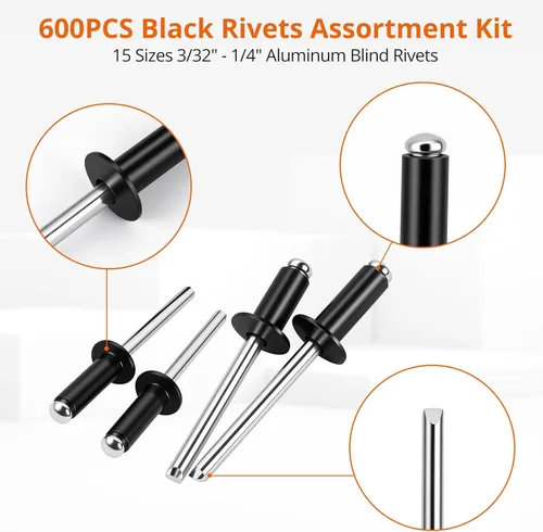 Miniatura 2 de Proster Kit surtido de 600 remaches ciegos de aluminio negro, 15 tamaños (3/32 pulgadas - 1/4 pulgadas) con estuche de almacenamiento portátil