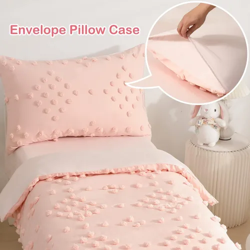 Miniatura 7 de Juego de ropa de cama para niñas pequeñas de 4 piezas, jacquard rosa con pompones y mechones, estilo bohemio boho con puntos mechonados, juego