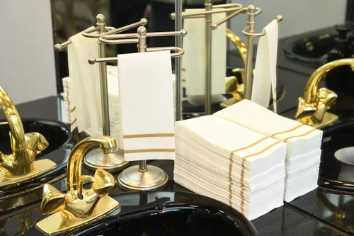 Miniatura 8 de Toallas de mano desechables para baño, diseño dorado 200 toallas desechables con tacto de lino para invitados – Servilletas formales para cena