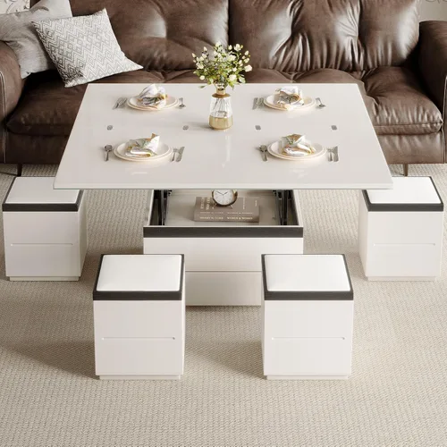Miniatura 8 de Mesa auxiliar elevable con 4 taburetes, mesa de centro moderna de 47 pulgadas que se convierte en mesa de comedor con ruedas y cajones, mesa central