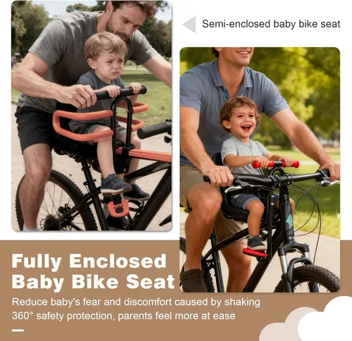 Miniatura 2 de Asiento infantil para bicicleta, asiento de bicicleta infantil montado en la parte delantera, barandilla totalmente cerrada, altura ajustable