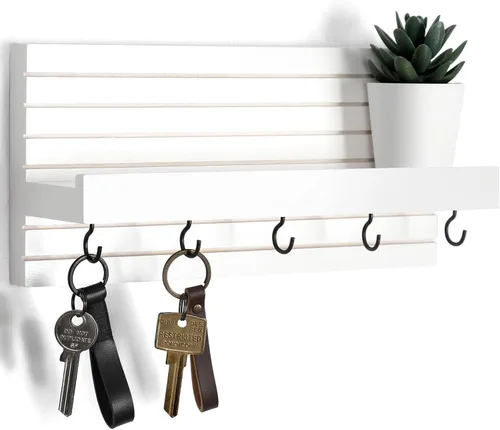Miniatura 10 de Lwenki Soporte decorativo para llaves de pared con estante, estante de entrada con ganchos para correas, chaquetas y gafas, colgador de entrada