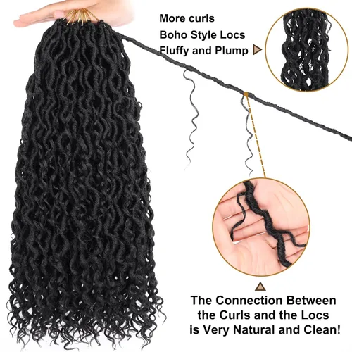 Miniatura 4 de COOKOO 8 paquetes de 18 pulgadas (14 hebras/pieza) Rastas de diosa de ganchillo con bucle previo con extremos rizados, negro azabache, rastas