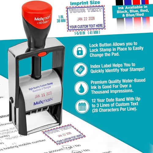 Miniatura 4 de MaxMark Sello de fecha autoentintado resistente con frase pagada, 2 colores azul/tinta roja Hd Azul/Rojo