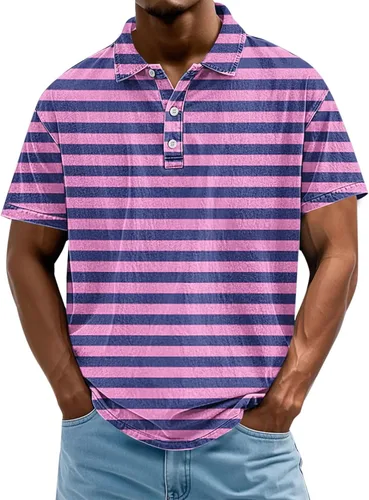 Miniatura 11 de Camisa polo de manga corta para hombre, camiseta de golf a rayas, de manga corta, para vacaciones, casual, cuello en V, camiseta de verano con Rojo