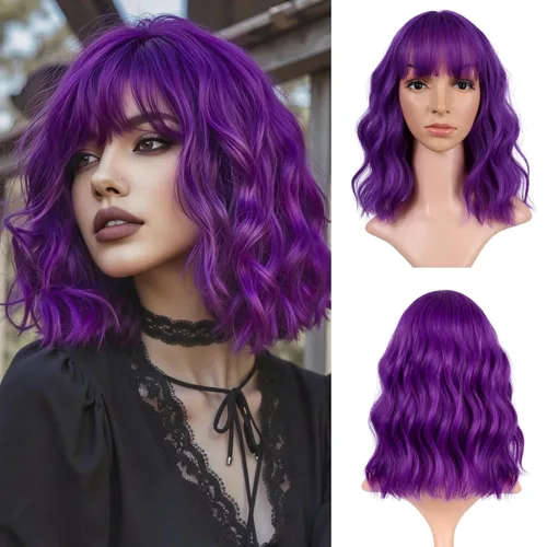 Miniatura 19 de VCKOVCKO Peluca natural ondulada rosa pastel, pelucas coloridas con flequillo de aire, pelucas cortas estilo Bob para mujer, pelucas largas hasta