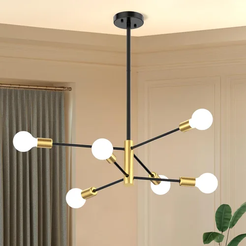 Candelabros Sputnik Modernos para Comedor, Altura Ajustable Semi Empotrado Negro y Dorado Candelabro Lámpara de Techo Montaje 6 Luces Mediados de