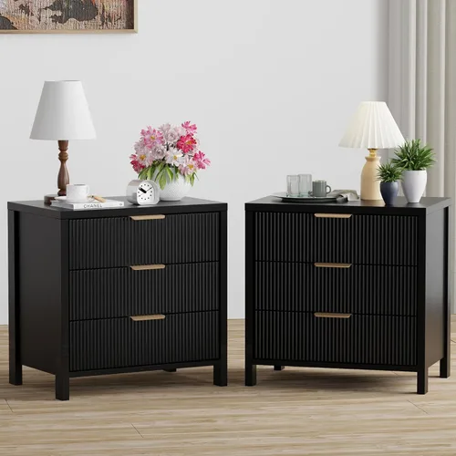 Miniatura 9 de Mesita de noche acanalada, 23.7 pulgadas de ancho con 3 cajones, moderna mesita de noche de mediados de siglo con asas, mesa auxiliar de madera