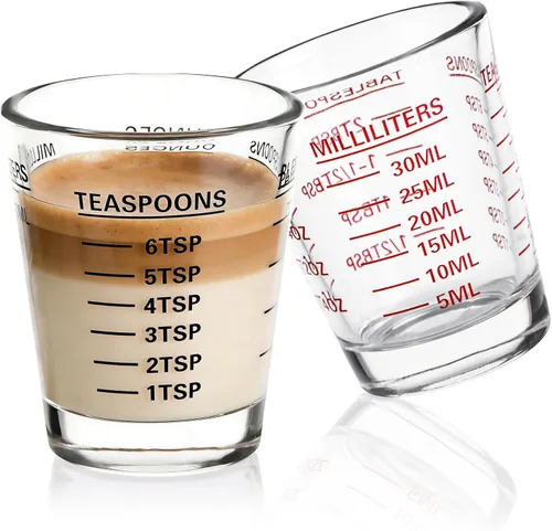 Juego de Vasos de Chupito con Taza Medidora 2 PAQUETE Vasos de Espresso para Líquido de Vidrio Pesado 26 Mediciones Incrementales 1 OZ, 2 TBS, 6 rojo