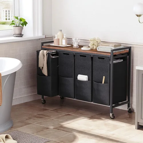 Miniatura 5 de HOOBRO Clasificador de Ropa 4 Secciones, Cesta de Lavandería con Ruedas, 4 × 10.5 Gal (40 L), Cesta de Lavandería con Ruedas, Bolsas de Tela Oxford