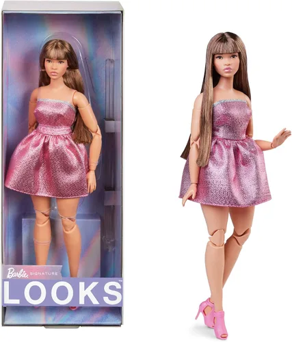 Muñeca Barbie Looks, Colección No. 24 con Cabello Castaño y Moda Moderna Y2K, Vestido Rosa Sin Tirantes con Brillo y Tacones de Puntera Abierta