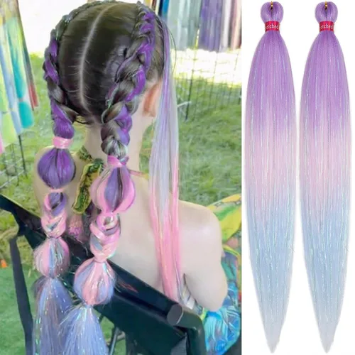 Miniatura 20 de Cabello trenzado verde con lentejuelas de 26 pulgadas, preestirado, trenzas de textura Yaki, extensiones de cabello pre plumadas, 3 paquetes, fácil