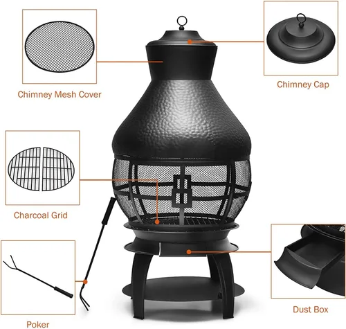 Miniatura 2 de SAFSTAR Chiminea de hierro fundido para exteriores, chimenea de madera con póquer de fuego, cubierta de malla ignífuga de 360°, hoguera de leña
