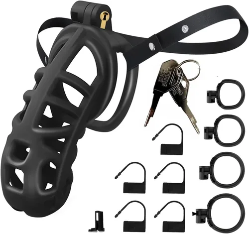 Miniatura 9 de Jaula de castidad masculina Astini con cinturón elástico y candado invisible - 4 anillos Diseño ligero de ajuste cómodo para uso a largo plazo, Negro