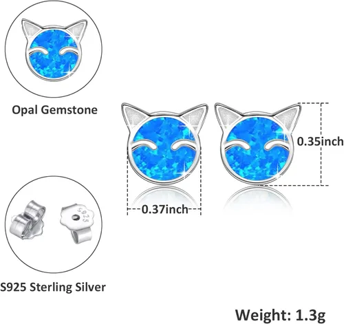 Miniatura 2 de YZSFMZGE Blue White Opal Cat Stud Earrings Necklace, 925 Sterling Silver Cat Opal Stud Earrings Necklace for Women Cute Cat Jewelry for Girls