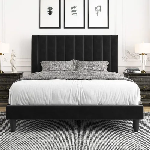 Miniatura 11 de Allewie - Base de cama tamaño King con cabecera acolchada tapizada en terciopelo y diseño acanalado vertical; plataforma de cama con resistentes
