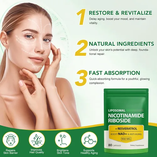 Miniatura 5 de Daiasns Suplemento NAD de 900 mg – Suplementos liposomales de nicotinamida ribósido NAD+ con resveratrol que apoya la energía muscular, cerebro