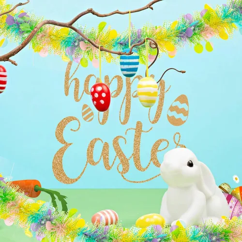 Miniatura 6 de Guirnalda de oropel de Pascua de 33 pies con diseño de huevo de Pascua metálico con confeti, guirnalda colgante de primavera, decoración para árbol