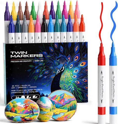 WELLOKB Marcadores de pintura acrílica de doble punta de 80 colores, marcadores de tela, punta de pincel, bolígrafos de pintura acrílica permanente