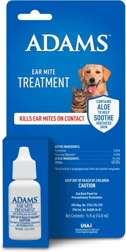 ADAMS Tratamiento de ácaros de oído para perros y gatos de más de 12 semanas, mata los ácaros del oído al contacto, alivio para perros y gatos que