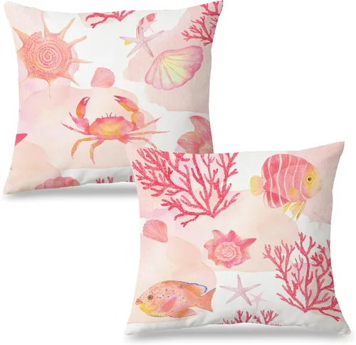 Miniatura 29 de Fundas de almohada costeras de langosta, fundas de almohada náuticas de langosta roja de Nueva Inglaterra con rayas azules y blancas para casa