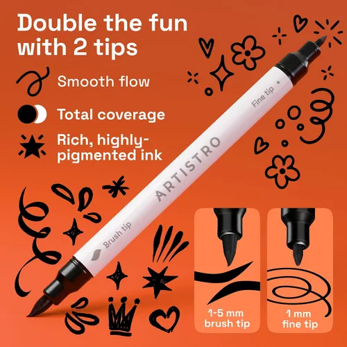 Miniatura 2 de ARTISTRO 5 marcadores de pintura acrílica negra, bolígrafos de pintura de doble punta + pincel fino ideal para caligrafía, perfectos para tela
